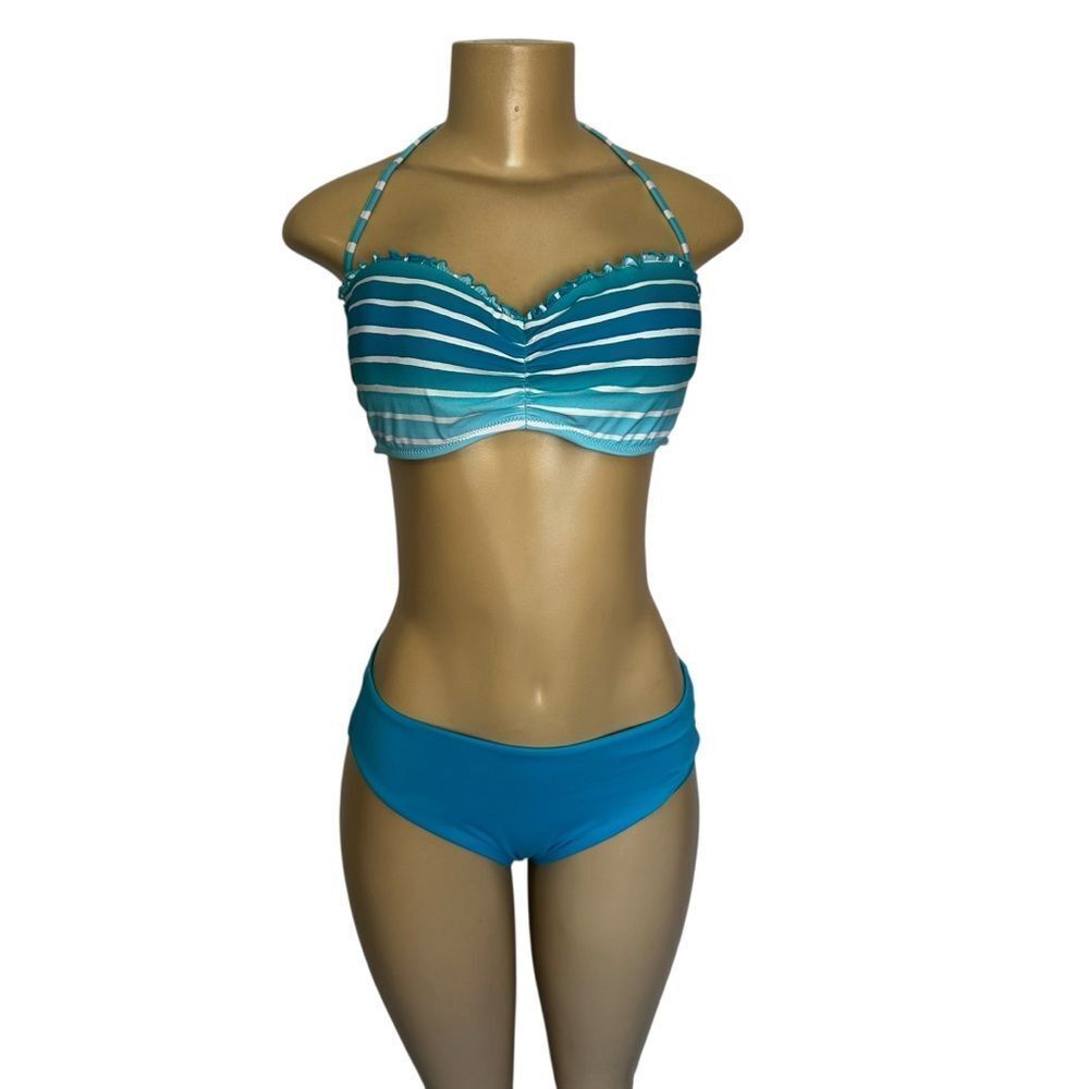 Seafolly Bikini Swimsuit Swim 6 Striped bandeau strapless hater set aqua ombre 8